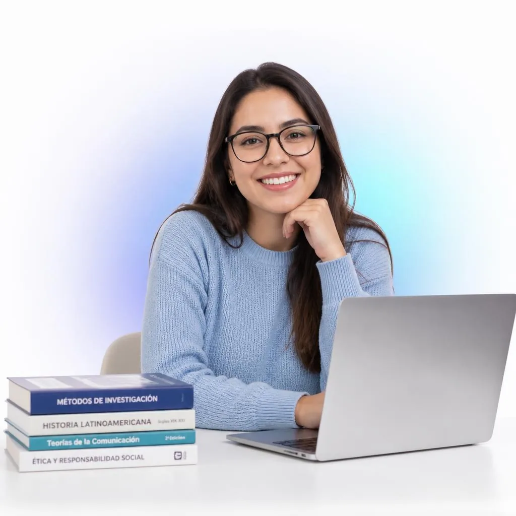 Estudiante universitaria trabajando en su tesis con laptop y libros académicos